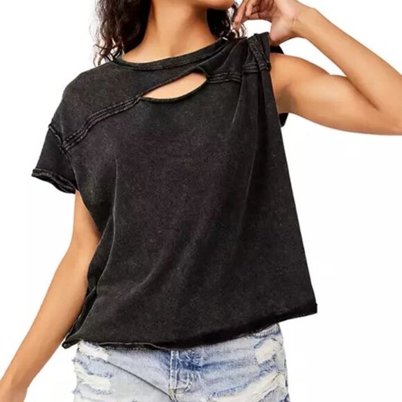 Free People Tops - FREE PEOPLE Black Acid Wash Cut Out Tee